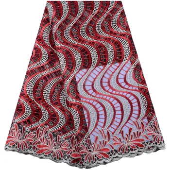 

2019 Nigerian Lace Latest African Lace Bridal Lace Fabric Red Color African High Quality Rhinestones Lace Fabric 5 Yards 1442