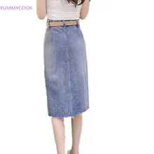 Демисезонный Для женщин модная джинсовая юбка плюс Размеры с высокой талией дамы юбка в Корейском стиле из джинсовой ткани с открытым вилка джинсовая летняя юбка Y200