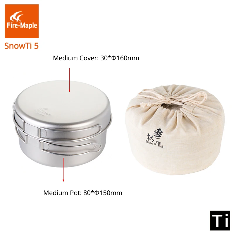  Fire Maple SnowTi 5 Portable Snow Titanium 1.35L Outdoor Camping Pot and 0.55L Frying Pan Ultra-Lig