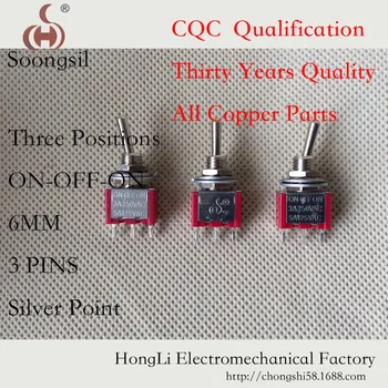 

5PC/Lot Free Shipping 3 Pin ON-OFF-ON 3 Position Stop position CQC UL ROHS Silver Point Toggle Switch AC 6A/125V 3A/250V