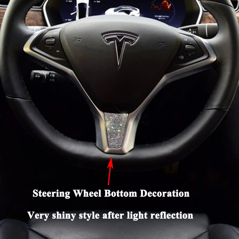 Imitation Crystal Car Steering Wheel Emblem Decoration Wheel Hub Cover Logo Sticker Styling Accessory for Tesla Model S Model X