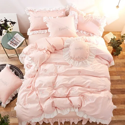 Розовый, белый, зеленый, Корейская принцесса, хлопок, комплекты постельного белья для девочек, набор постельного белья, простыня, пододеяльник - Цвет: Color 2