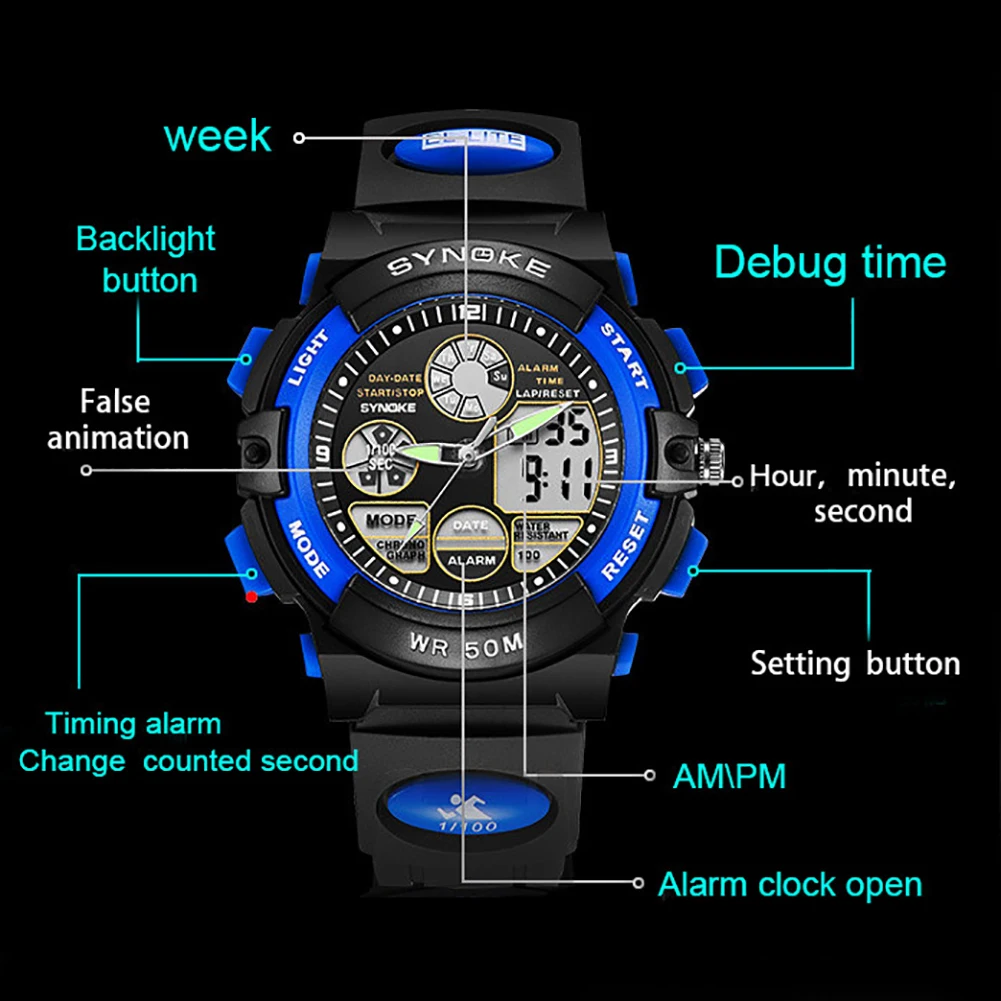 Водонепроницаемый цифровой аналоговый двойной будильник с датой времени светящиеся Детские спортивные электронные наручные часы для