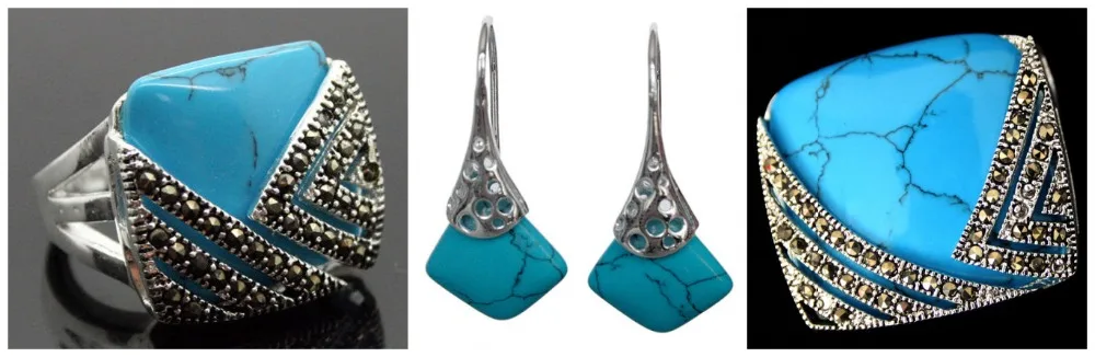 

Vintage Blue Stone 925 Sterling Silver Marcasite Ring (#7-10) pendant and earrings sets 02