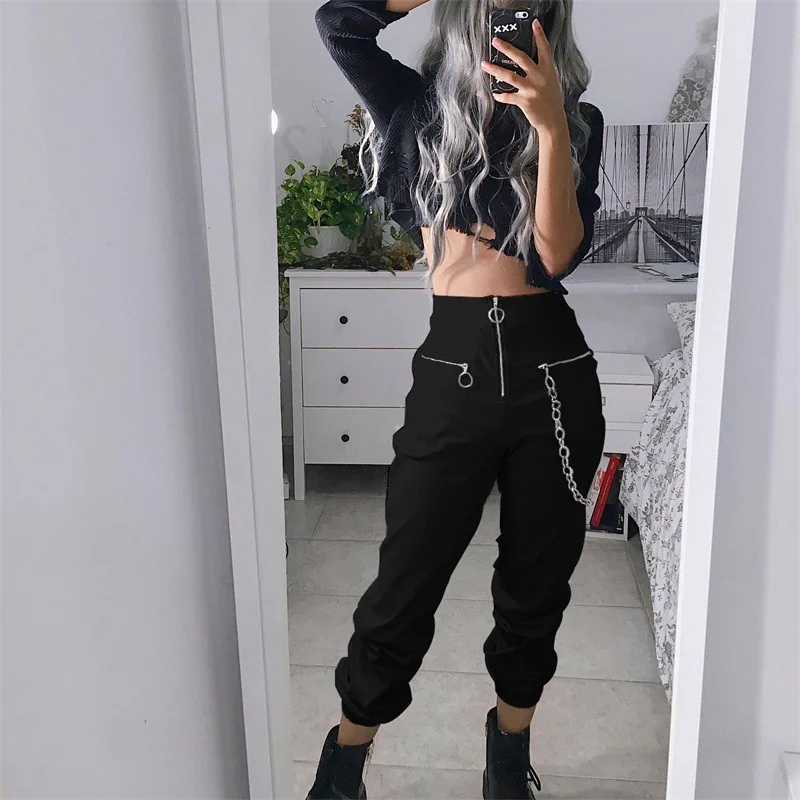 

2019 New Spring Autumn Women Harajuku Punk hiphop Streetwear Cargo Pants Joggers Black Pocket Harem Trousers Female Pants