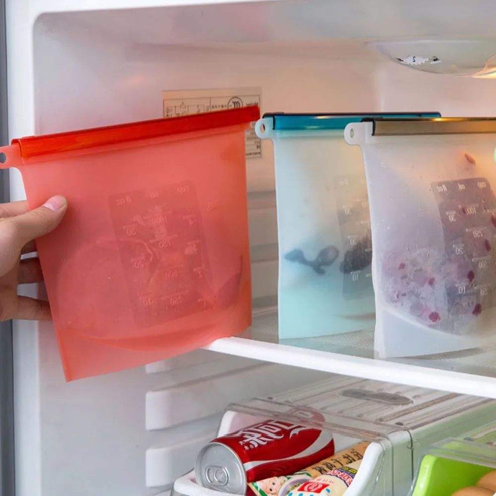 

2Pcs Reusable Silicone Fresh Bag Vacuum Sealed 1000ml Food Storage Containers fridge Milk Fruit Meat organizer Bag Kitchen tool
