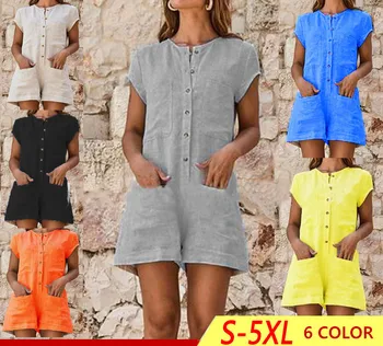 

Lugentolo women Rompers short-sleeved summer new tooling single-breasted pocket jumpsuit 6 colors Size (S-5XL)