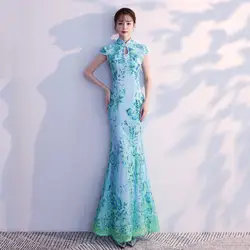 Синие Длинные Cheongsam пикантные современные Qipao платье с вышивкой платье с русалочкой Китайская традиционная Костюмы Платья для вечеринок