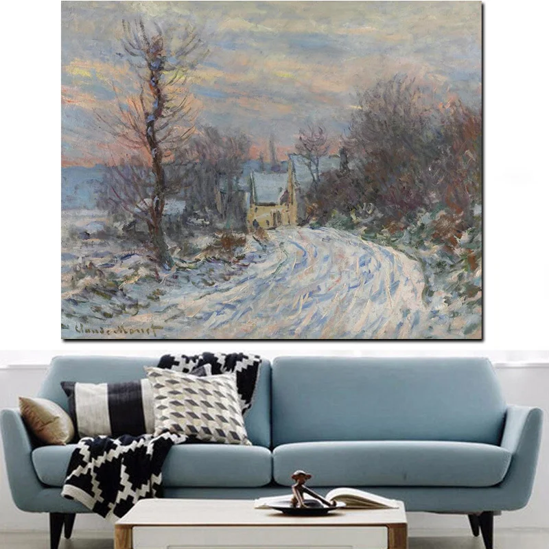 HD Print Canvas Wall Art Impressionis Claude Monet Giverny in Winter Snow Landscape Oil Painting Poster Picture for Living Room