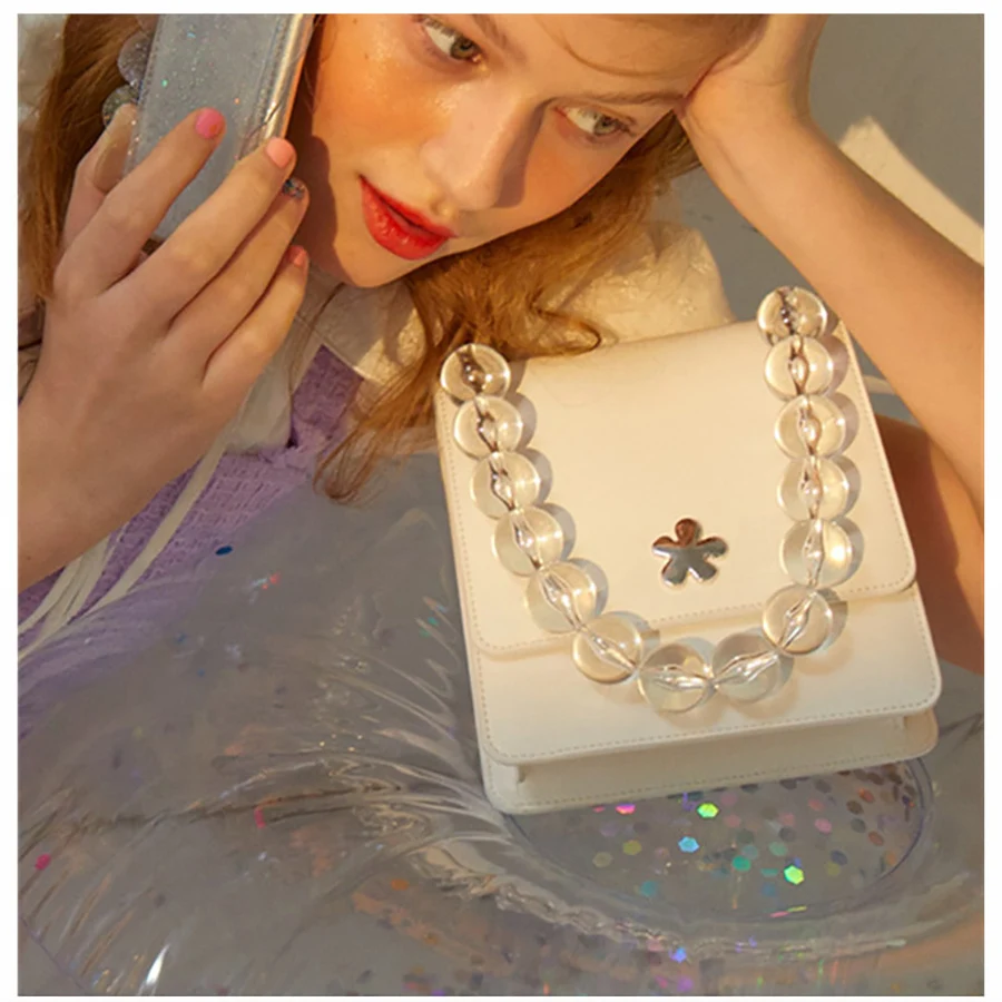 

Casual Solid Color Women's Shoulder Bags Transparent Acrtylic Beaded Women Handbags Ladies Pu Leather Hand Messenger Bags Female