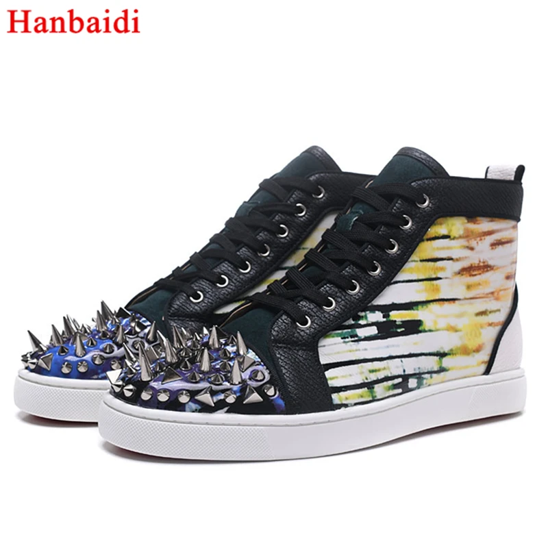 

Hanbaidi Metallic Leather Cap-Toe Printing Snakeskin Leather White Zapatos Mujer Spikes Studded High-Top Lace Up Flats Men Shoes