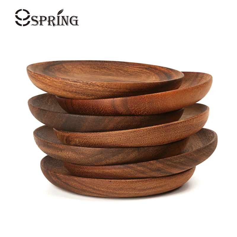 Set of 2 Acacia Wood Round Plates Small Natural Wooden Serving Tray for