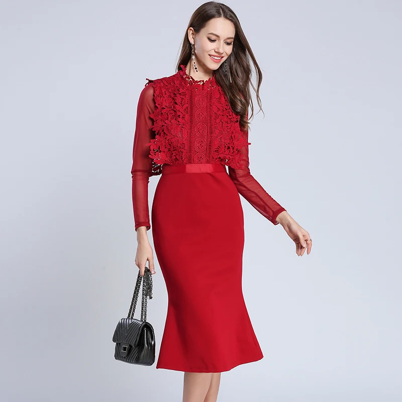 

2019 New Runway Vintage Water Soluble Flower Embroidery Dress Lace Patchwork Elegant Slim Women Dress A-Line Hollow Out Dresses