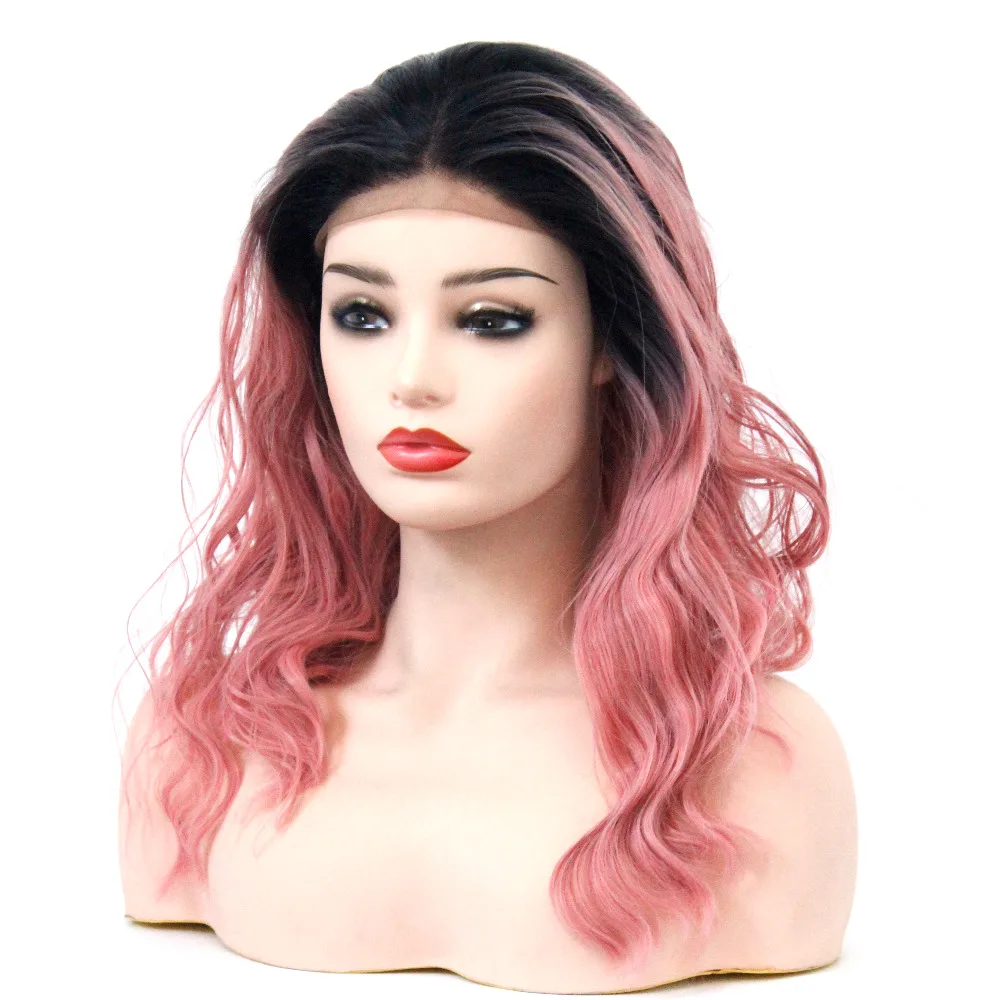 Peach Color Short Bob Synthetic Lace Front Wig Pastel Pink Ombre Black Roots Water Wave Heat Resistant Fiber Women Haircut Middle Part-1