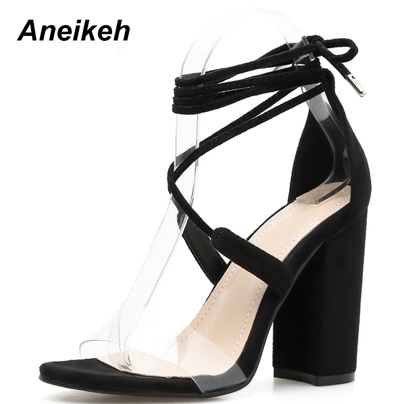 

Aneikeh Women Bandage Cross Lace-Up Flock Sandals Pumps 2019 Ankle Strap High Square Heels 11CM Lady Sexy Fashion Women's Shoes