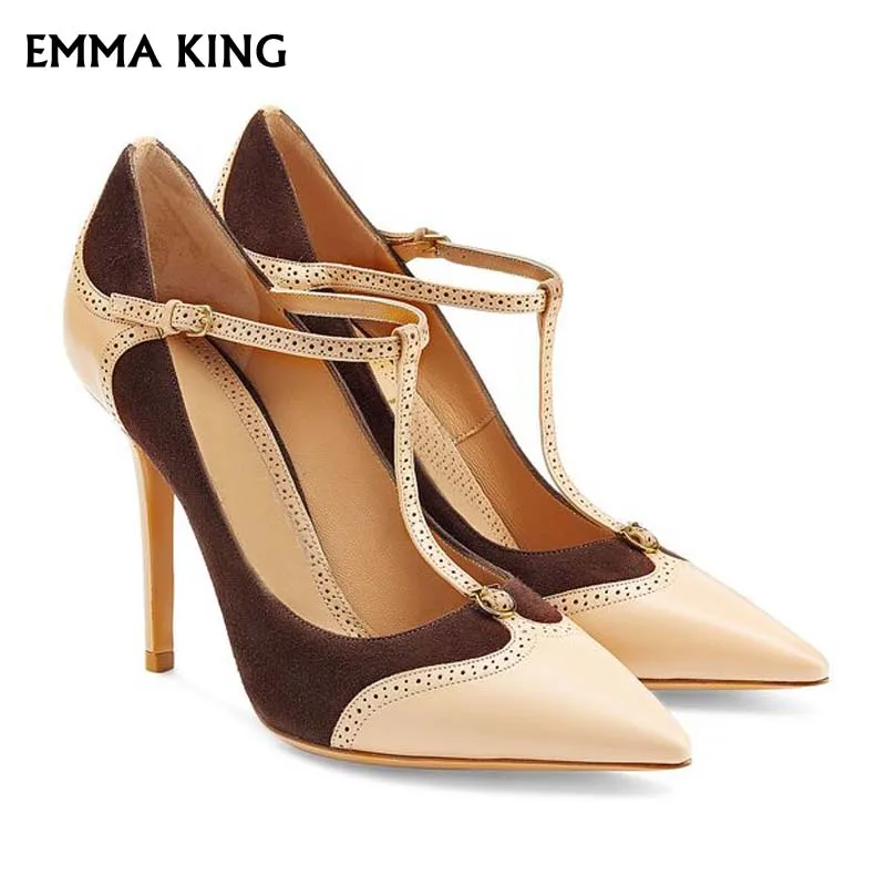 

NEW Women Mixed Colors PU Pointy Toe Pumps Women T-Strap Stiletto High Heels Fashion Party Dress Wedding Shoes Woman Plus Size