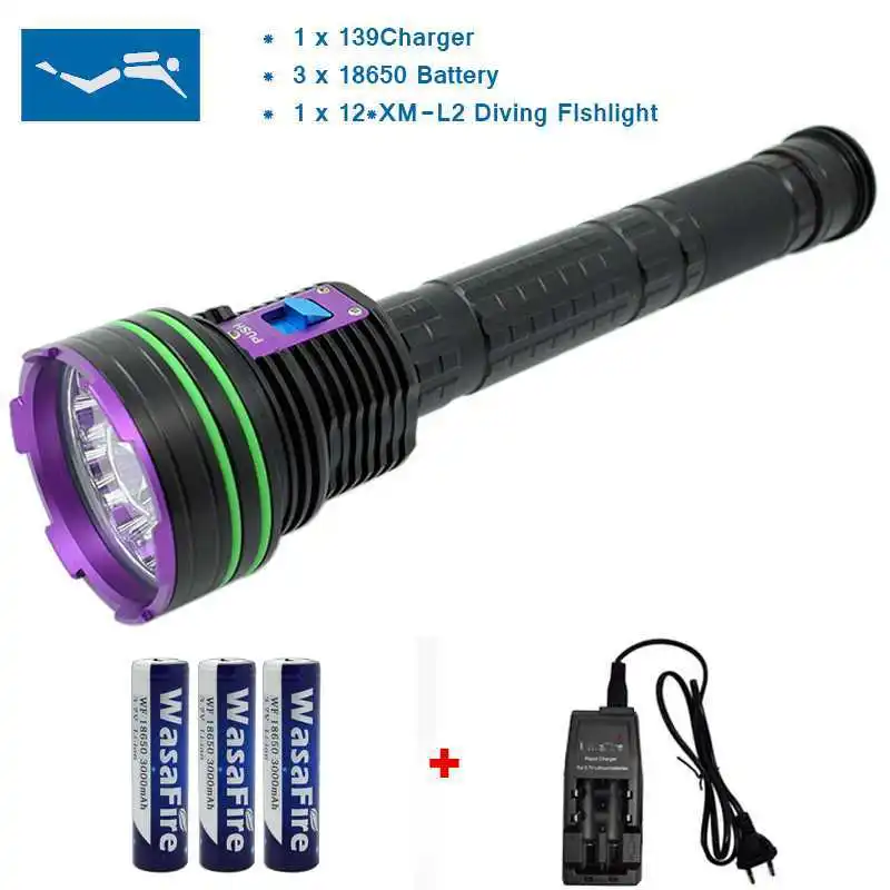 

20000 Lumen 12*XM-L2 LED Diving Flashlight Torch 100M Underwater Waterproof LED Flash Light Lantern + 3*18650 Battery + Charger