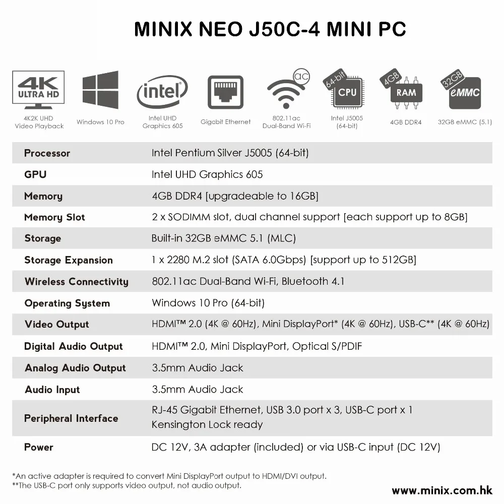 MINIX NEO J50C-4 oficial de WINDOWS 10 PRO SERIES MINI PC Intel Pentium de J5005 DDR4 4 GB/32 GB HDMI 2,0 de montaje Vesa MINI PC
