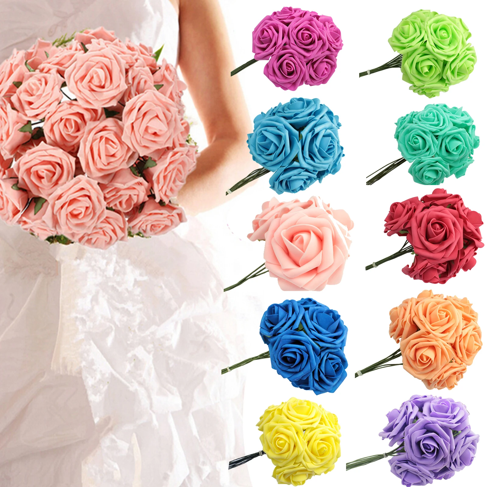 10pcs Handmade Artificial Rose Flowers Bouquet DIY Home Wedding Bride