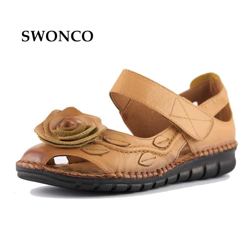 40 Summer Vintage Handmade Leather Sandals For Woman 2017 New National Style Soft Soles Flower Anti-slip Mother Summer Shoes