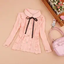 Коллекция года, блузка для маленьких девочек-подростков осенние шифоновые топы с длинными рукавами и оборками, с бантом и отложным воротником для школьниц, Детские рубашки JW2438