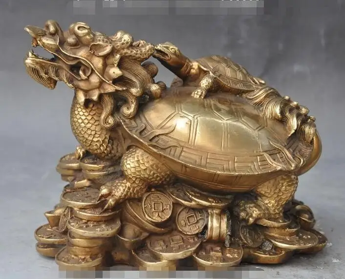 9" china brass fengshui wealth yuanbao money dragon turtle Tortoise