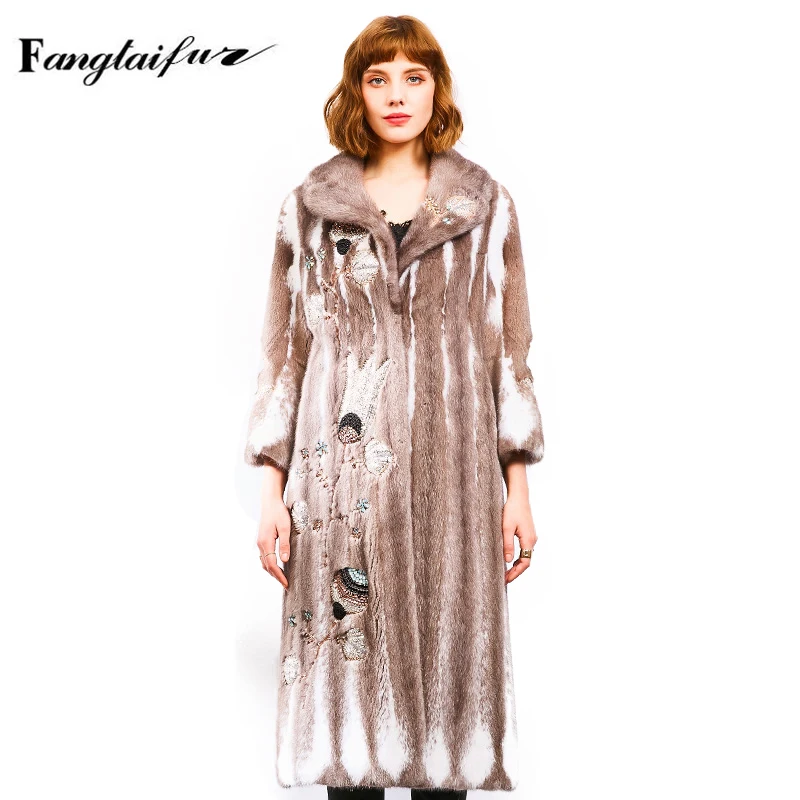 Fang Tai Fur 2019 Женская импортная Корона бархатная норковая шуба в полоску с отложным воротником норковая шуба женская X-Long настоящая норковая