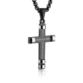 

HZMAN Philippians 4:13 Cross Pendant Strength Bible Verse Stainless Steel Necklace 3 Colors Available