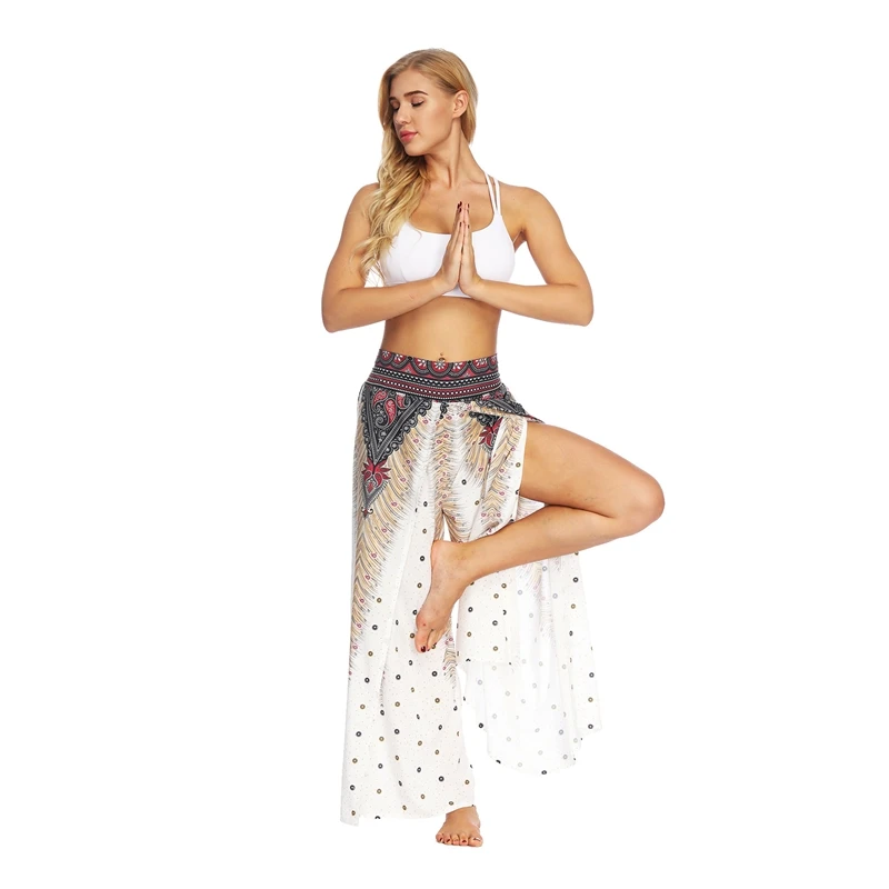 

EU Size New High Waistband Thailand Side Open Beach Pant White Feather Women's Yo-ga Leggings Workout Loose Pants Wide Leg Pant