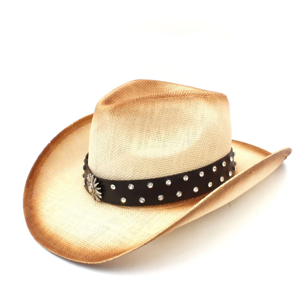 Модная Женская Ковбойская соломенная шляпа с кожаным ремешком в стиле панк для леди папы Вестерн Sombrero Hombre Cowgirl Jazz Шапки размер 58 см