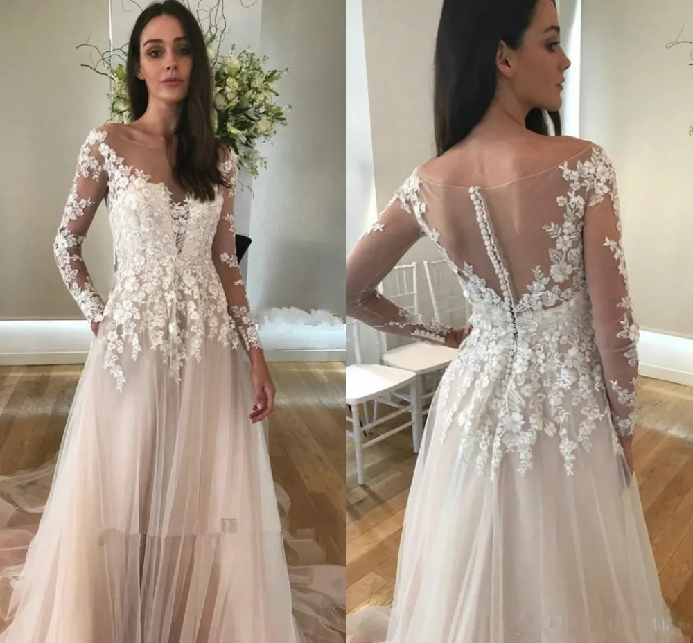 

Long Sleeve Wedding Dress 2019 Vintage Lace Wedding Mariage Reception Bridal Wedding Gown A line robe de mariee vestido de noiva
