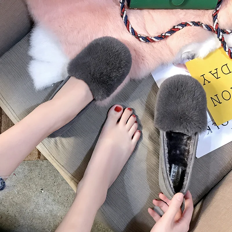 

Luxury Furry Fur Flat Winter Shoes Snow Boots Women Slip On Ladies Plush Warm Shoes Velvet Cotton Shoes Plus Size 41 42 43 44