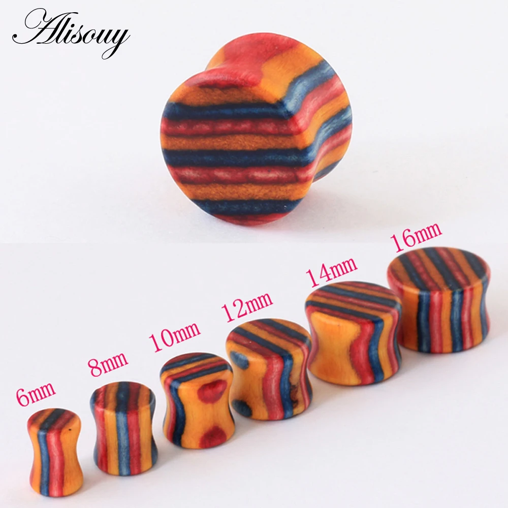

Alisouy 2pcs colorful Wood Plugs & Tunnels Ear Expander Gauges 6mm to 16mm ear Plug Natural Wood piercing Body Jewelry