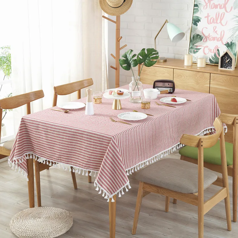 

Red white striped decorative cloth linen cotton tablecloth household table cover dustproof washable decorative moist tape