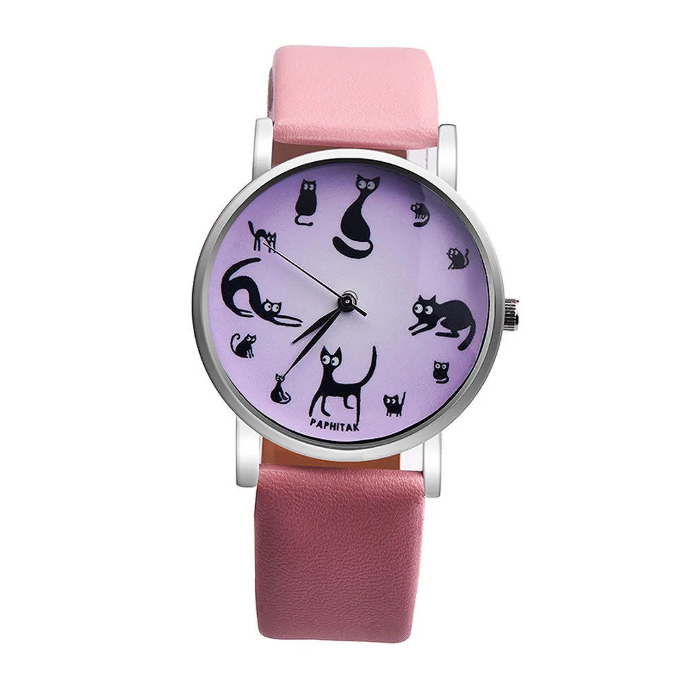 Small Fresh Classic Fashion Leather Women Quartz Wristwatch Simple Cute Cat Printing Dial Casual Ladies Watch Clock Reloj 533