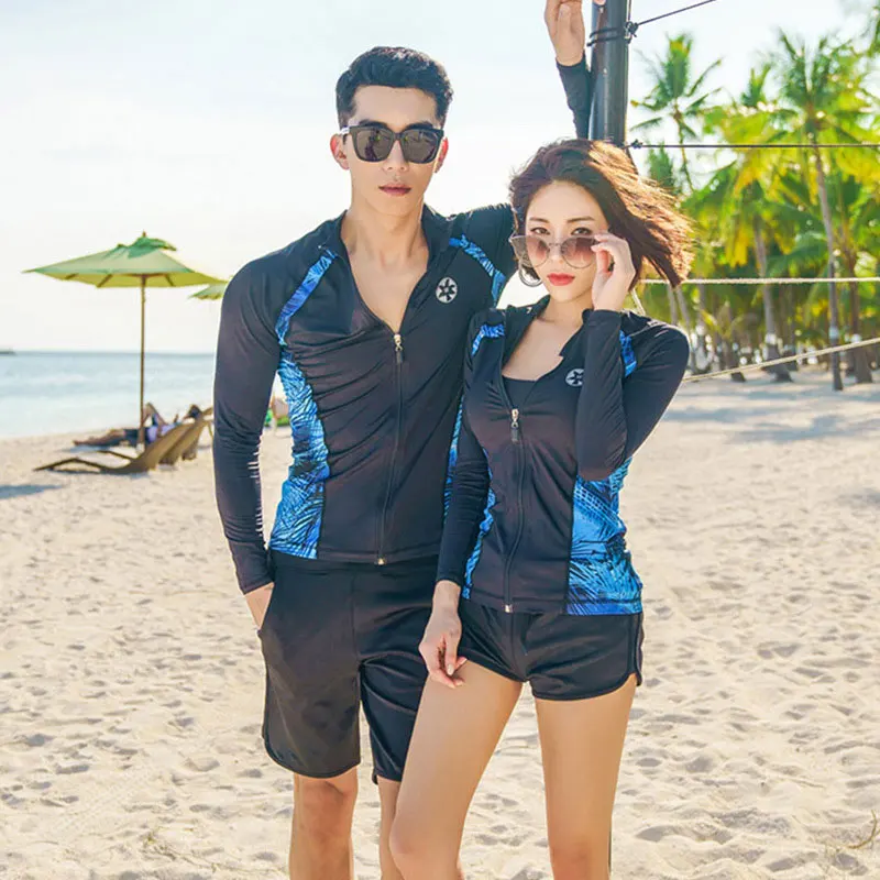 

Rash Guard Women Men Long Sleeve Zip UV Protection Print 3 Piece Set (Shirt, Shorts, Bikini Top) Surf Swim Suit