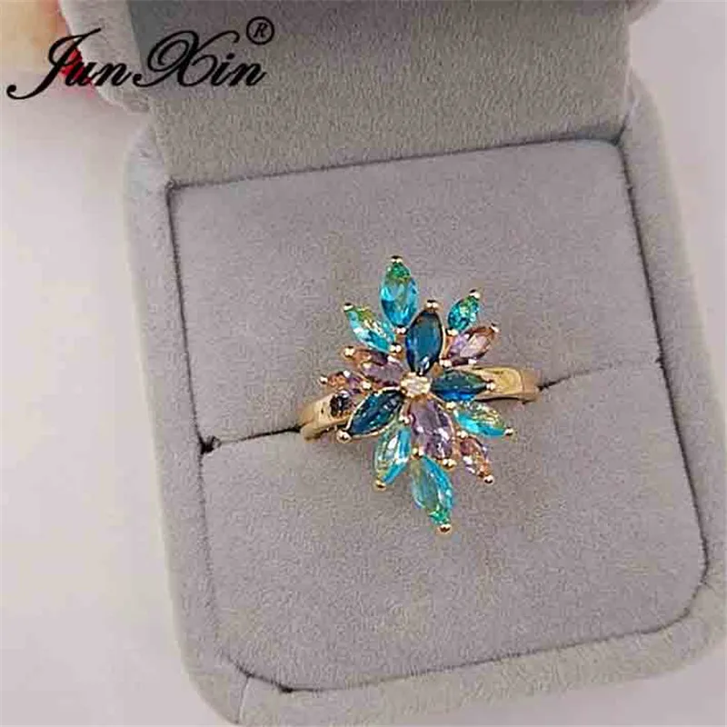 

JUNXIN Multicolor Crystal Snowflake Rings For Women Yellow Gold Ring Dainty Blue Purple Zircon Wedding Bands Stacking Thin Ring