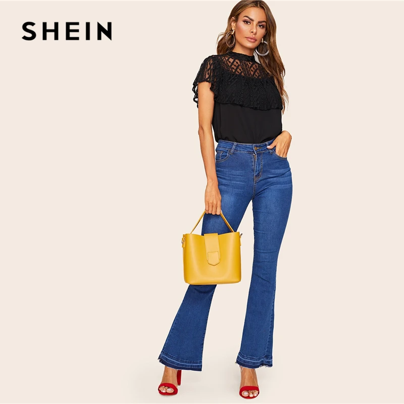 SHEIN Офисная Женская Черная кружевная блузка с рюшами, украшенная прозрачным топом, кружевная блузка, женские летние элегантные Однотонные блузки с рукавом-бабочкой