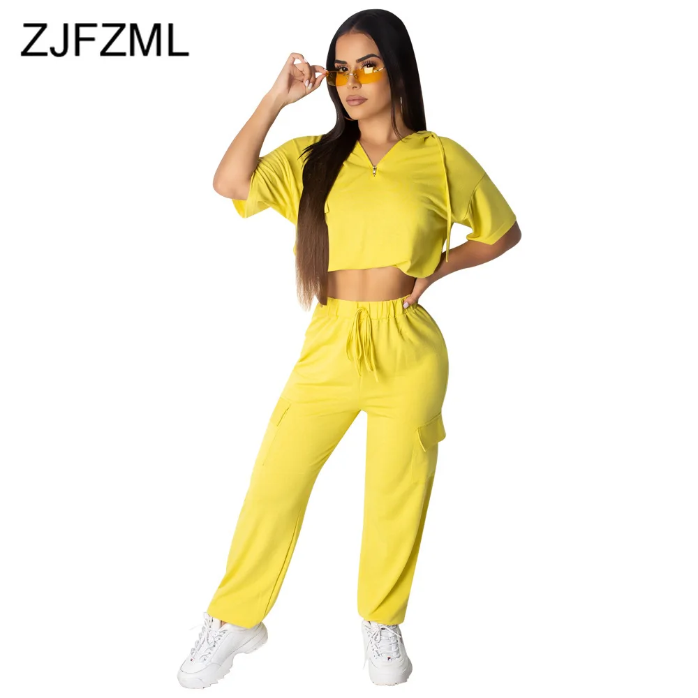 

Plus Size Casual Two Piece Tracksuit Women Half Sleeve Hooded Crop Top And Drawstring Straight Pant Summer Matching Set Outfits