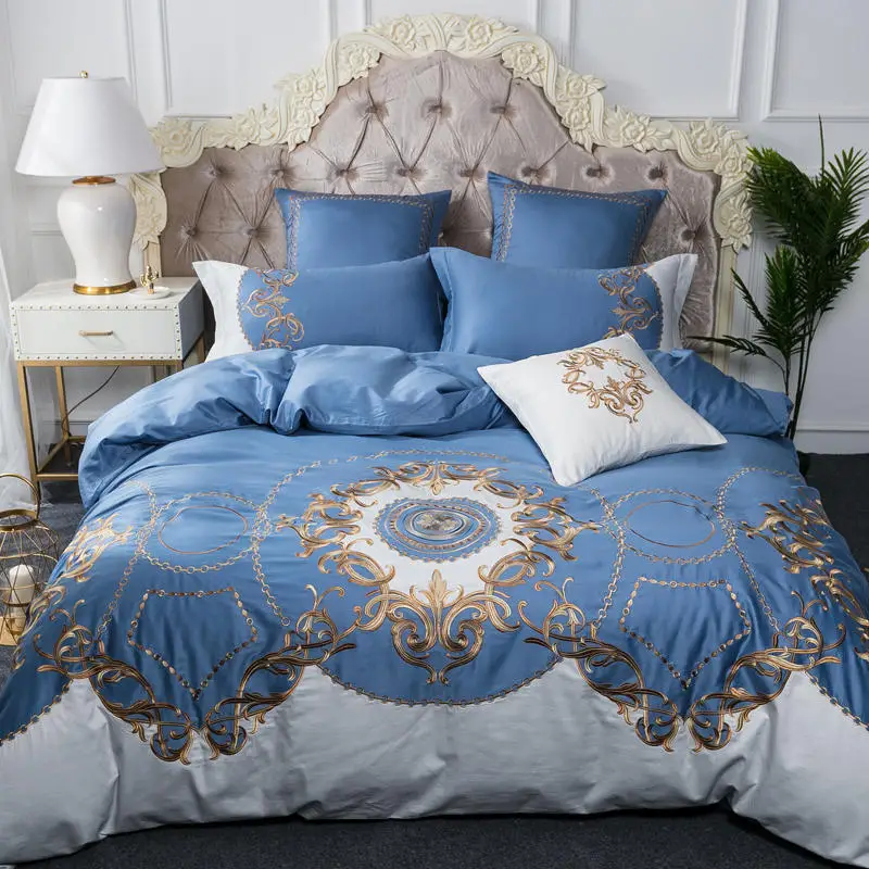 4 7pcs King Queen Size Luxury Bedding Sets Blue Silver Egyptian