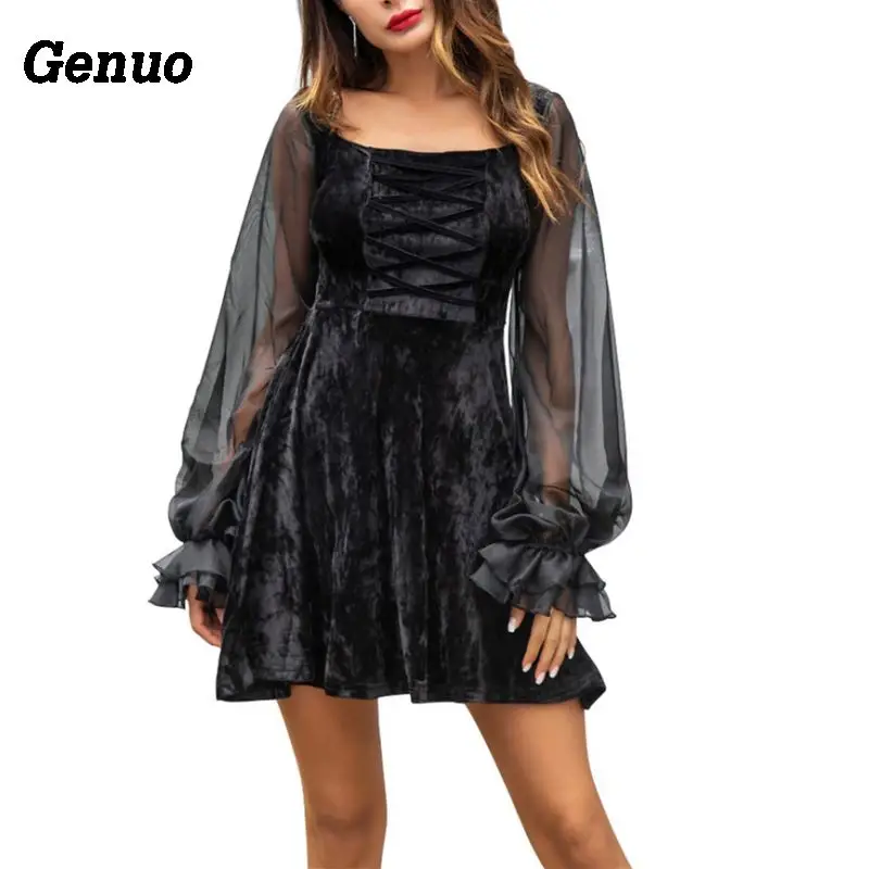 

Genuo 2018 Luxury Bandage Velvet Dress Women Sexy Sheer Mesh Lantern Sleeve Autumn Dress Ladies Club Party Dresses Vestidos