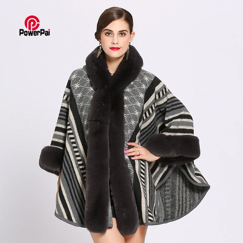 

Fashion Stripe Jacquard Imitation Rex Rabbit Fur Coat Cloak Hooded Women Thick Cashmere Cape Shawl Fur Sweater Autumn Winter New