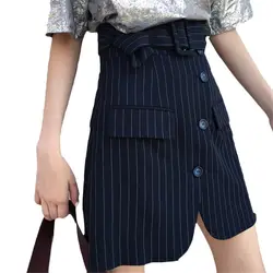 Новые корейские модные полосатые короткие Юбки для женщин с поясом Для женщин летние Высокая Талия Повседневное офисные нерегулярные