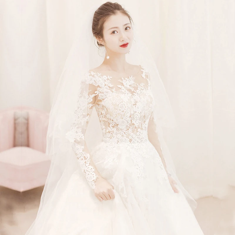 

Long sleeve lace wedding dress 2019 luxury A-Line wedding gowns plus size real photo princess weddingdress vestido de novias