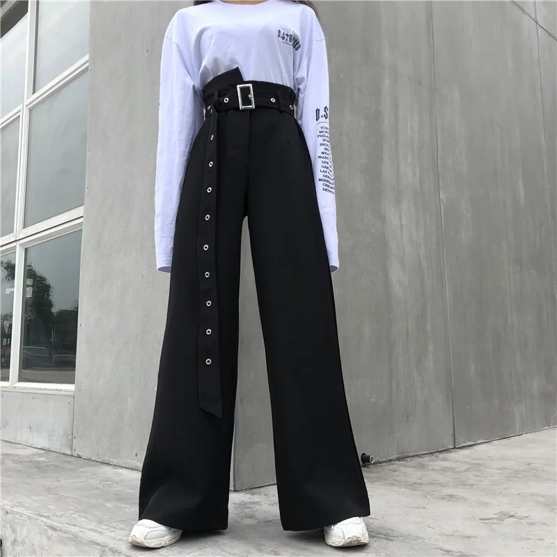 Корейские уличные модные женские расклешенные брюки Харадзюку готические широкие брюки с высокой талией повседневные свободные черные расклешенные брюки с поясом