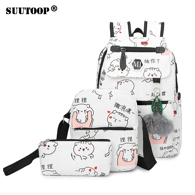 

2018 USB Charging Canvas Backpack 3 Pcs/set Women School Backpacks Schoolbag For Teenagers Man Student Book Bag Boys Satchel