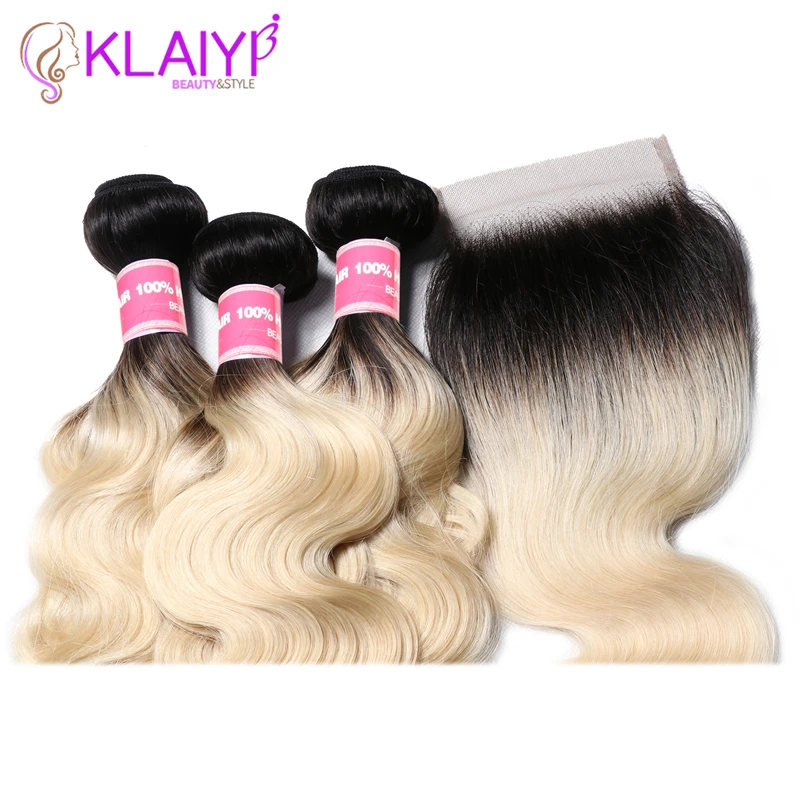 KLAIYI бразильские волосы T1B613 объемная волна с закрытием 4 шт. волосы remy плетение пучки с закрытием человеческие волосы 3 пучка с закрытием