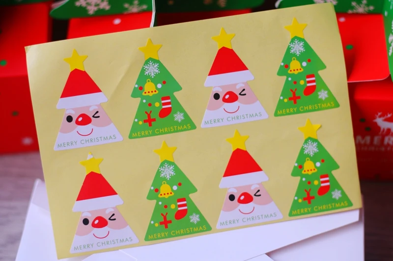 

200 pcs/lot MERRY X'mas Santa Claus and Tree pattern self-adhesive paper label sticker for present decoration, Item No.FE06