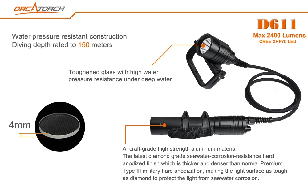 ORCATORCH D611 светодиодный светильник для дайвинга CREE XHP70 светодиодный 2400лм светильник для подводного плавания с ручкой Goodman светильник для подводного плавания 150 м