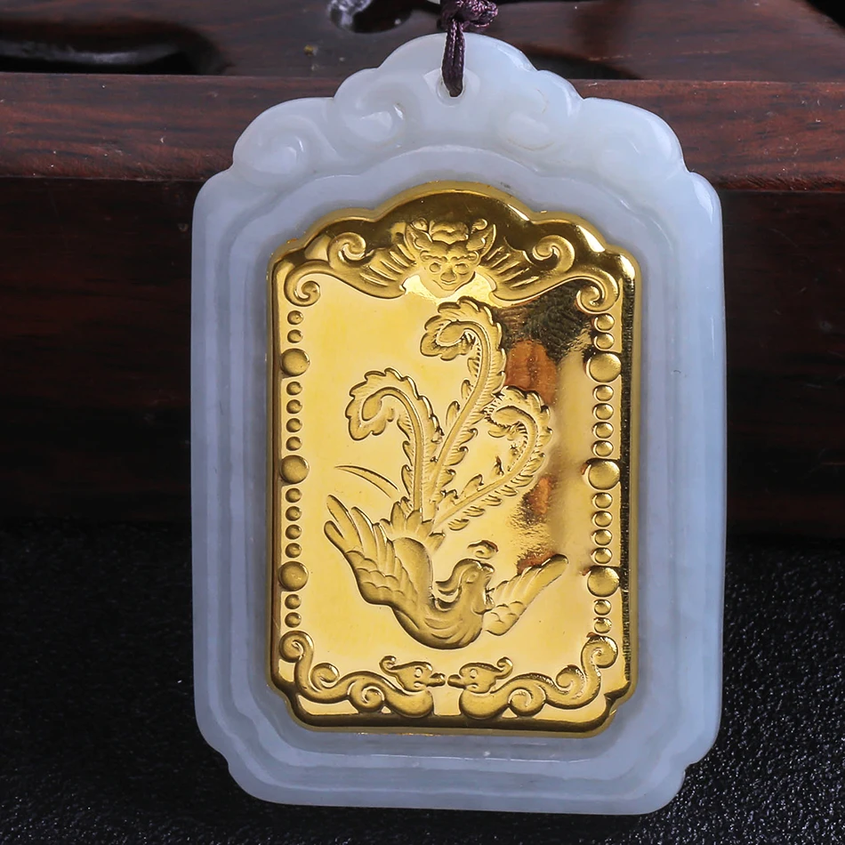 Hot Hetian Jade Pendant Good Luck Men & Women Necklace Quartet Mirror Phoenix Stereo Pendant Gold Inlay Jade Jewelry 8634 Fine Jewelry